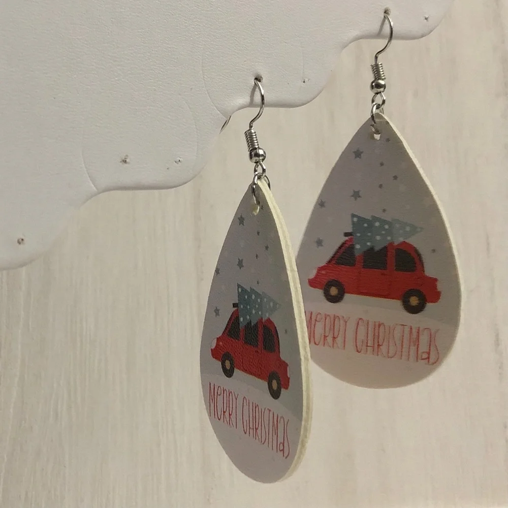 Merry Christmas Car with Tree Teardrop Earrings - Picture 2 of 5
